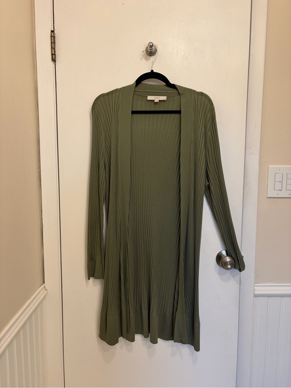 LOFT Olive Green Ribbed Open-Front Long Sleeve Cardigan Dress